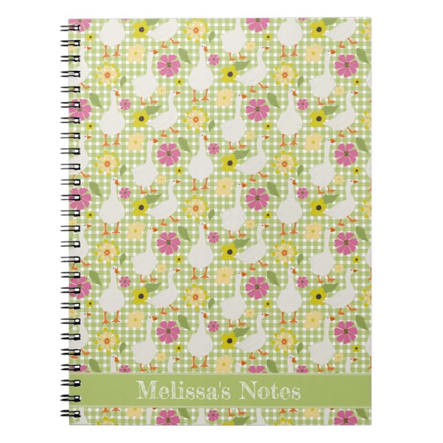Cute Geese With Hand Drawn Flowers - Green Check  Notebook (Front)