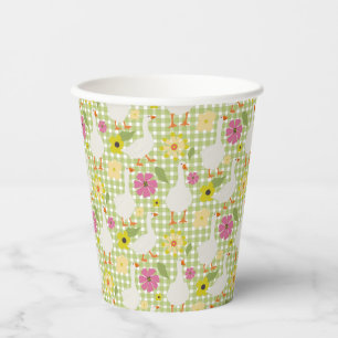 Cute Geese With Hand Drawn Flowers - Green Check Paper Cups