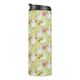 Cute Geese With Hand Drawn Flowers - Green Check Thermal Tumbler