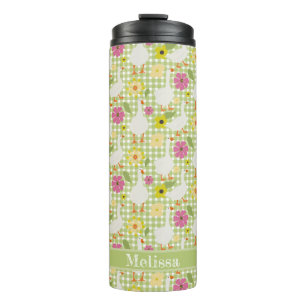 Cute Geese With Hand Drawn Flowers - Green Check  Thermal Tumbler
