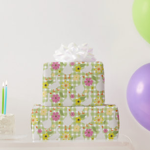 Cute Geese With Hand Drawn Flowers - Green Check Wrapping Paper