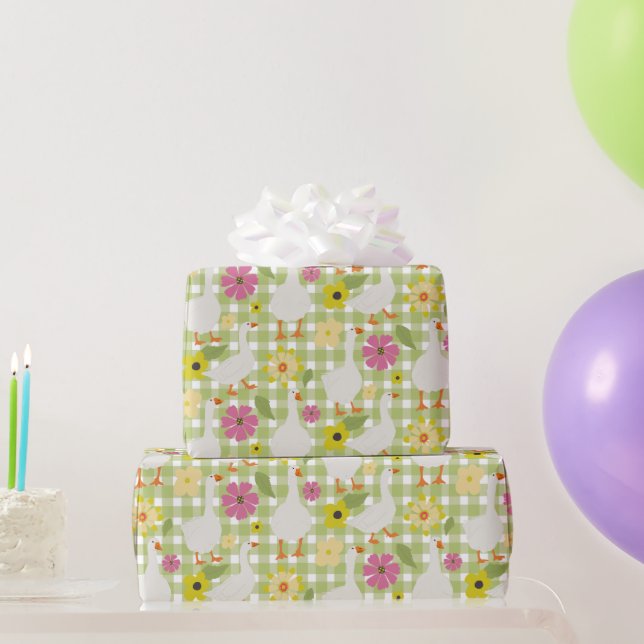 Cute Geese With Hand Drawn Flowers - Green Check  Wrapping Paper (Party Gifts)