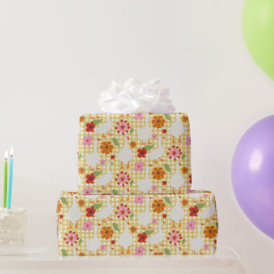 Cute Geese With Hand Drawn Flowers - Yellow Check  Wrapping Paper