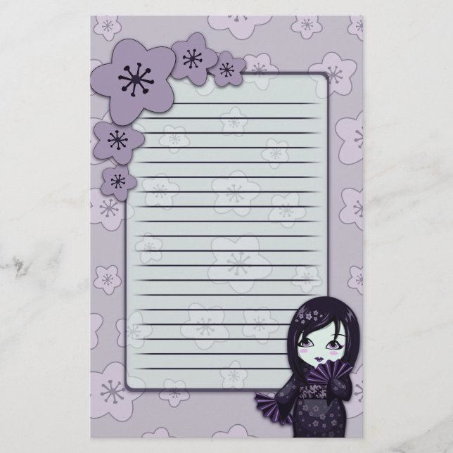 Cute Geisha Black And Purple Cherry Blossoms Lined Stationery (Front)