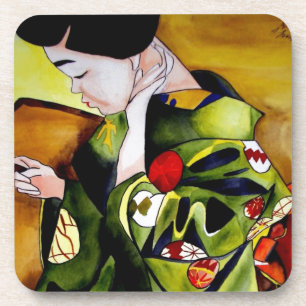 Cute Geisha with green kimono original art Coaster
