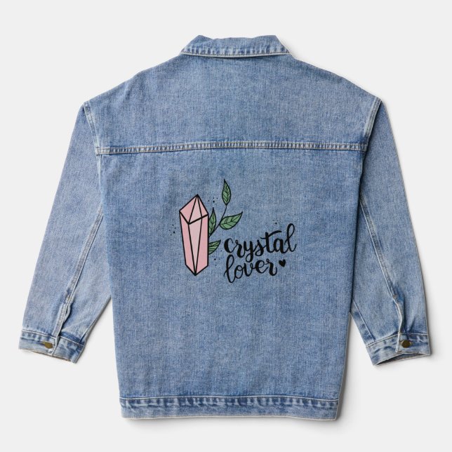 Cute Gem Trendy Girly Pink Gemstone Crystals Denim Jacket (Back)