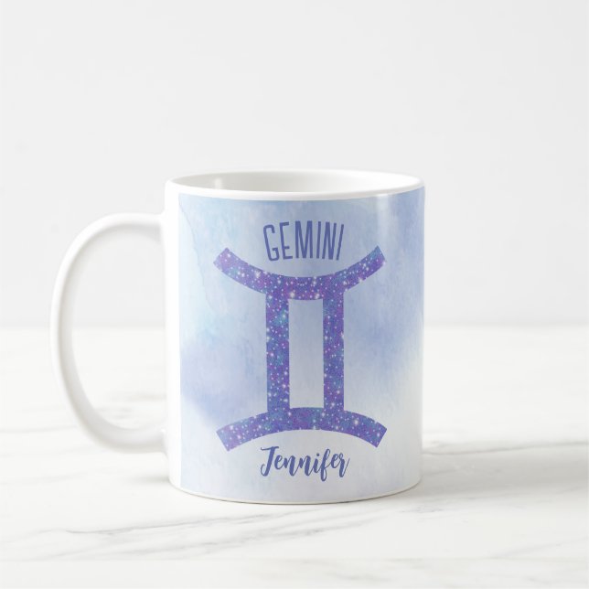 Cute Gemini Astrology Sign Personalized Purple Coffee Mug (Left)