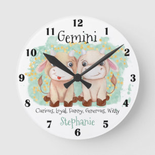 Cute Gemini Twins Watercolor Bull Zodiac Monogram Round Clock