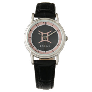 Cute Gemini Zodiac Sign Rose Pink Grey Custom Name Watch