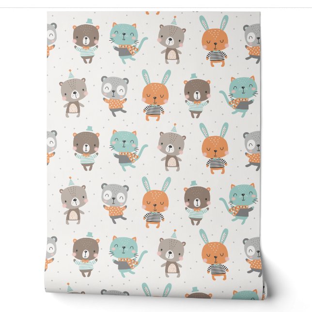 Cute gender neutral animals in soft colours wallpaper (Unrolling)