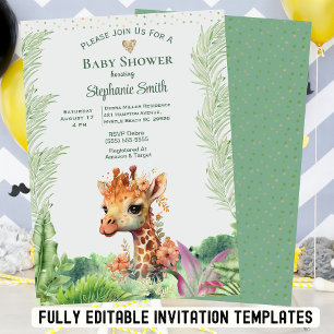 Cute Gender Neutral Greenery Giraffe Baby Shower Invitation
