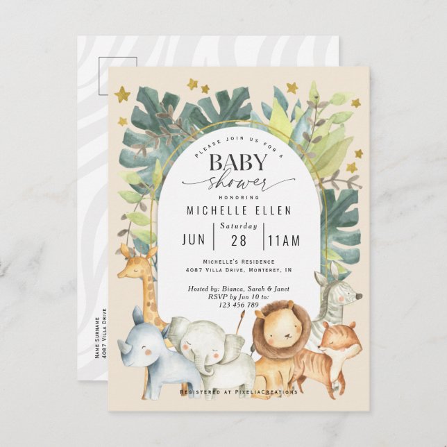Cute gender neutral safari jungle animals modern  invitation postcard (Front/Back)