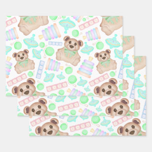 Cute Gender Neutral Teddy Bear Baby Wrapping Paper Sheet
