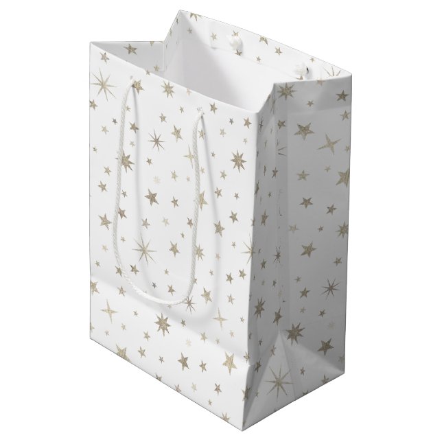  Cute Gender Neutral White Silver Star Baby Shower Medium Gift Bag (Front Angled)