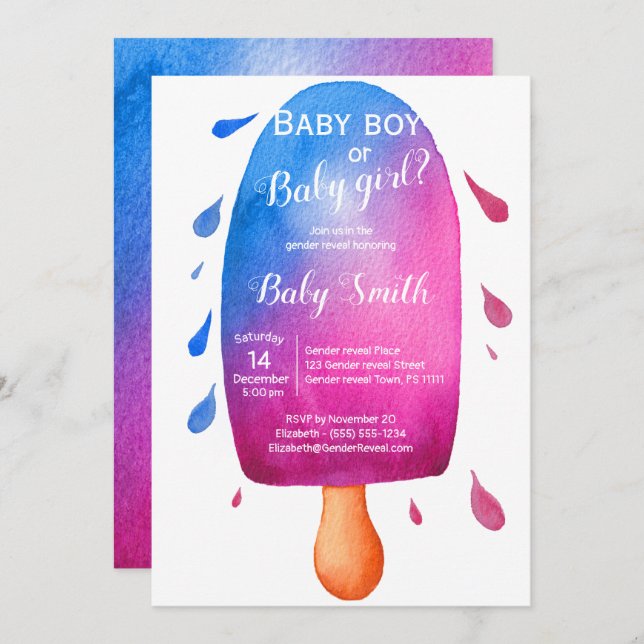 Cute gender reveal watercolor popsicle invitation (Front/Back)
