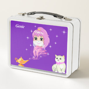 Cute genie, magic lamp, cat & stars on violet metal lunch box