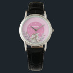 Cute Gentle White Snowdrops Leafy Pink Polka Dots Watch<br><div class="desc">Designed based on watercolor floral illustration of white snowdrops by Farida Greenfield. Beautiful delicate white flowers which have just emerged in the end of winter, which look like sparkle of snow on the ground. It has pink white polka dots on the background and text which can be personalized to your...</div>