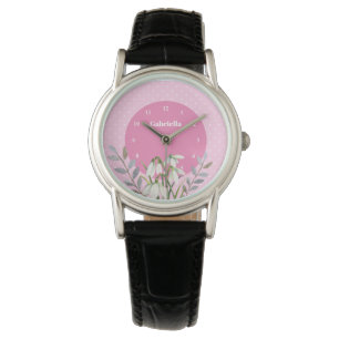 Cute Gentle White Snowdrops Leafy Pink Polka Dots Watch