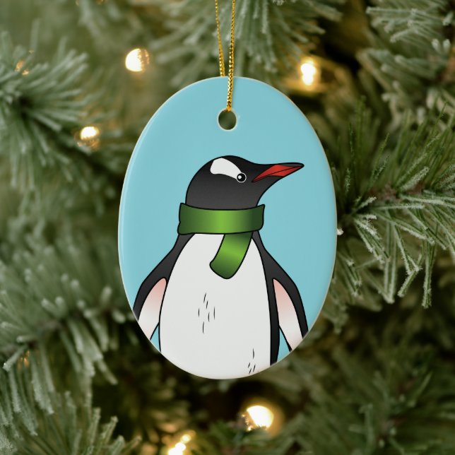 Cute Gentoo Penguin Wearing A Green Scarf On Blue Ceramic Ornament (Tree)