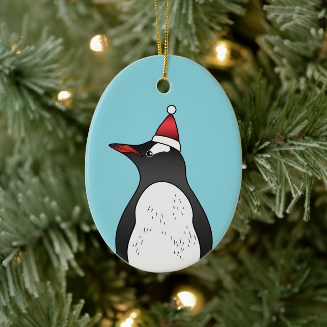 Cute Gentoo Penguin Wearing A Santa Hat On Blue Ceramic Ornament (Tree)