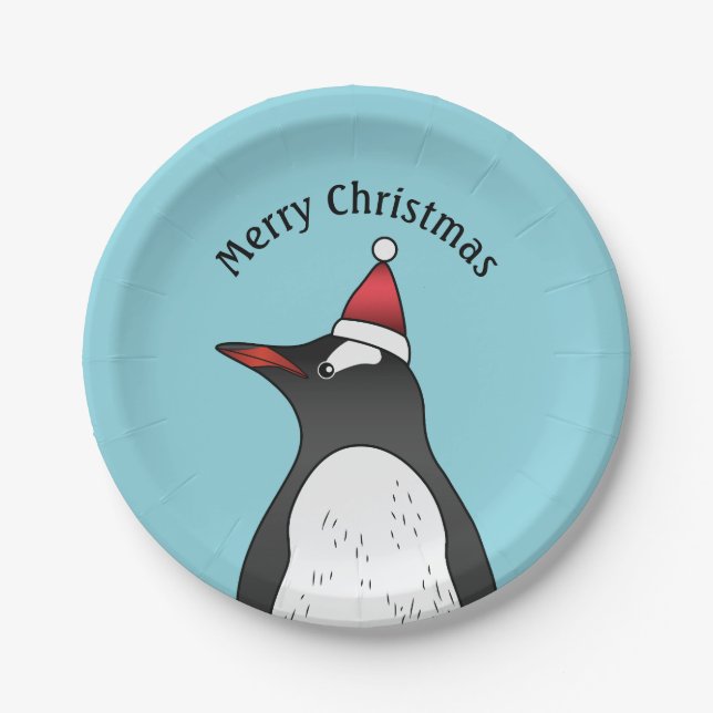 Cute Gentoo Penguin Wearing A Santa Hat On Blue Paper Plate (Front)