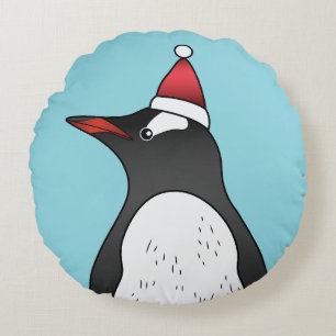 Cute Gentoo Penguin Wearing A Santa Hat On Blue Round Pillow