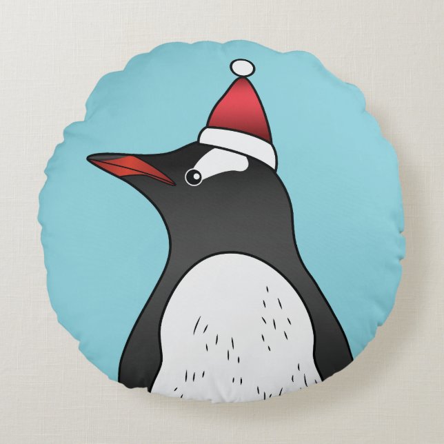 Cute Gentoo Penguin Wearing A Santa Hat On Blue Round Pillow (Front)