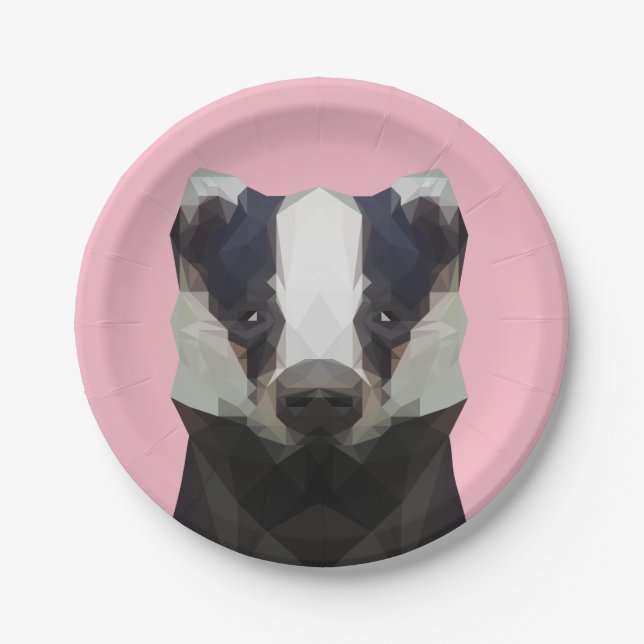 Cute geometric badger pink paper plate (Front)