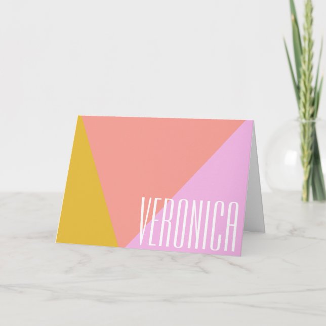 Cute Geometric Colour Block Coral Pink Personalize Note Card (Front)