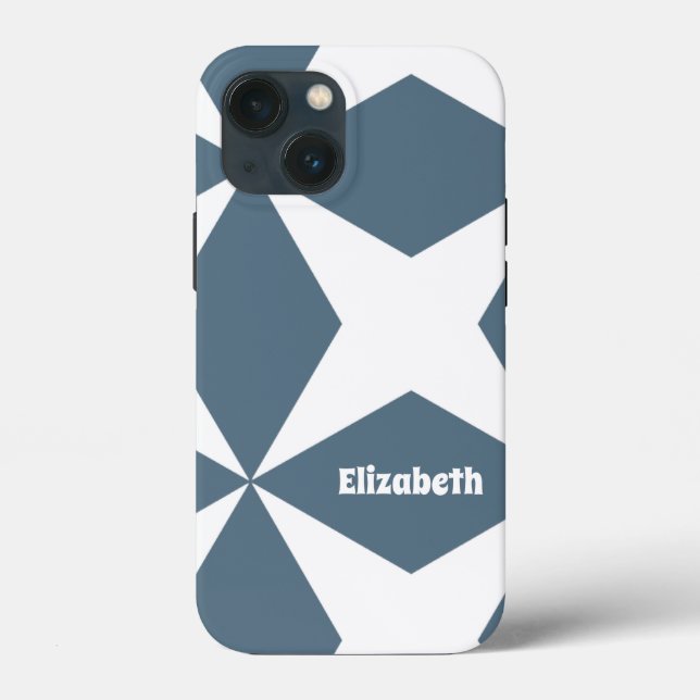 Cute Geometric Pattern Custom Name White & Blue Case-Mate iPhone Case (Back)