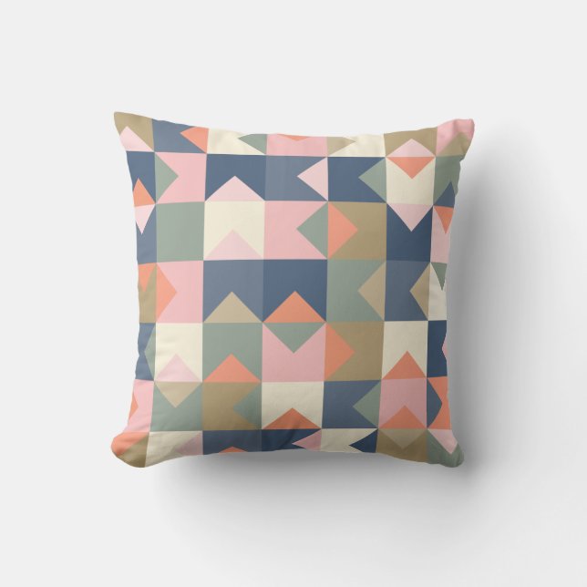 Cute Geometric Pattern in Stylish Navy and Coral Outdoor Pillow (Front)