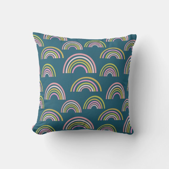 Cute Geometric Rainbow Pattern Teal Blue Throw Pillow (Front)