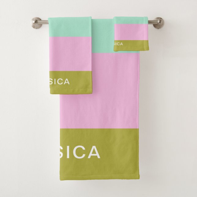 Cute Geometric Stripes Bright Pastels Personalized Bath Towel Set (Insitu)