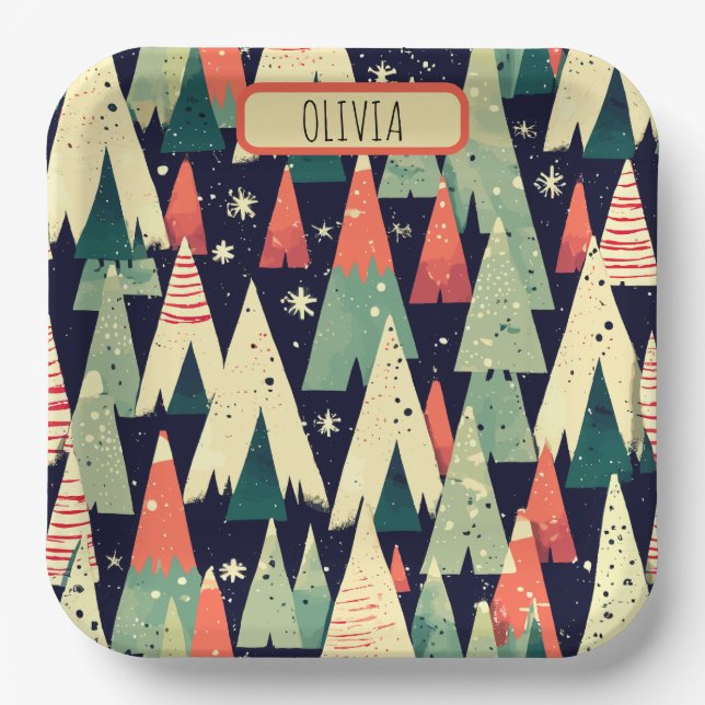  Cute Geometric Trees in Winter Personalized Paper Plate (Front)