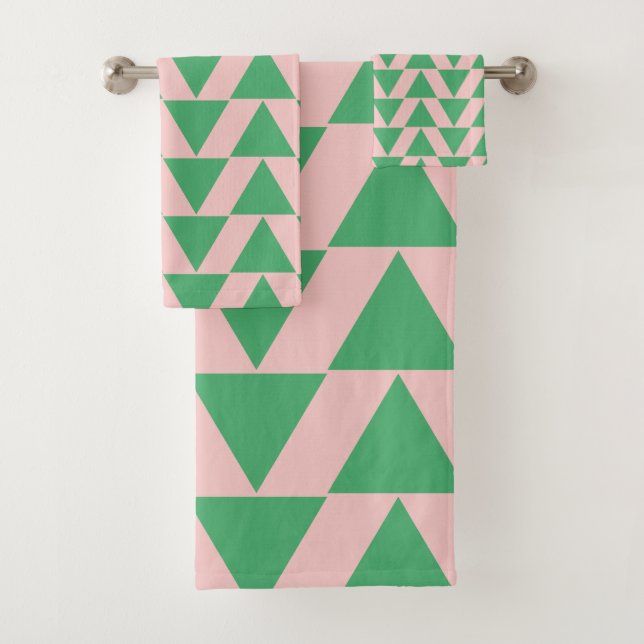 Cute Geometric Triangle Pattern in Pink and Green Bath Towel Set (Insitu)