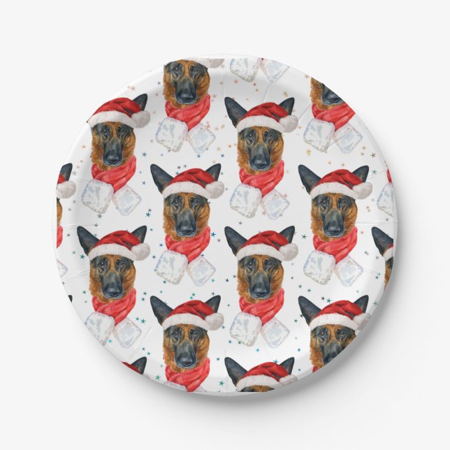 Cute German Shepherd Dog Christmas Pattern Paper Plate (Front)