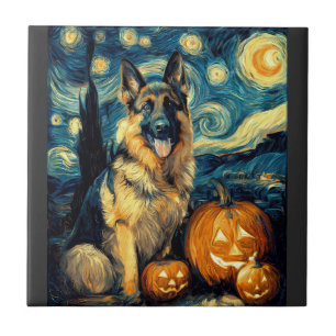 Cute German Shepherd Dog Halloween Jack O Lantern Tile