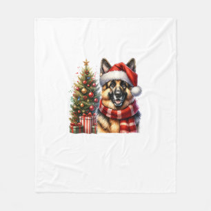 Cute German Shepherd Dog Santa Hat Christmas Tree  Fleece Blanket