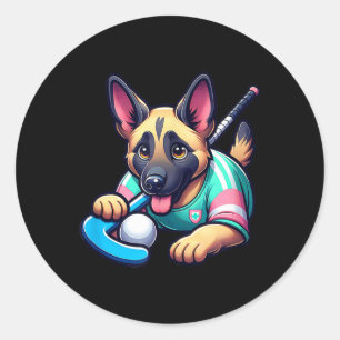 Cute German Shepherd Field Hockey Puppy Mascot  Classic Round Sticker