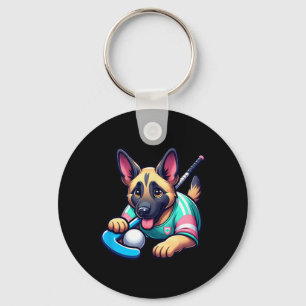 Cute German Shepherd Field Hockey Puppy Mascot Keychain