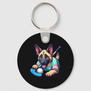Cute German Shepherd Field Hockey Puppy Mascot Keychain