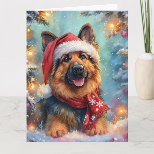Cute German Shepherd in Santa Hat and Scarf Card (Front)