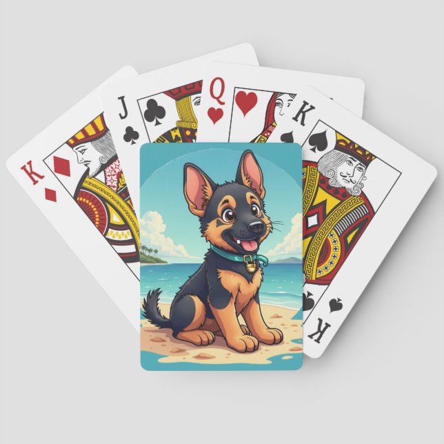Cute German Shepherd Puppy Beach Illustration Playing Cards (Back)