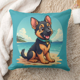 Cute German Shepherd Puppy Beach Illustration Throw Pillow