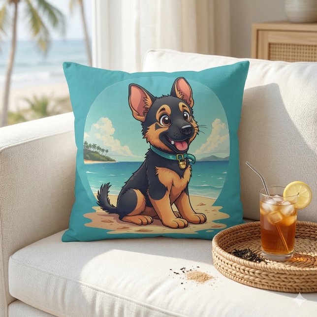 Cute German Shepherd Puppy Beach Illustration Throw Pillow (Cute German Shepherd Puppy Beach Illustration Throw Pillow Mockup A)