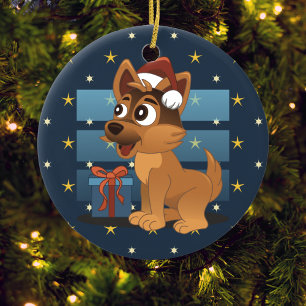 Cute German Shepherd puppy Cartoon Starry night Ceramic Ornament