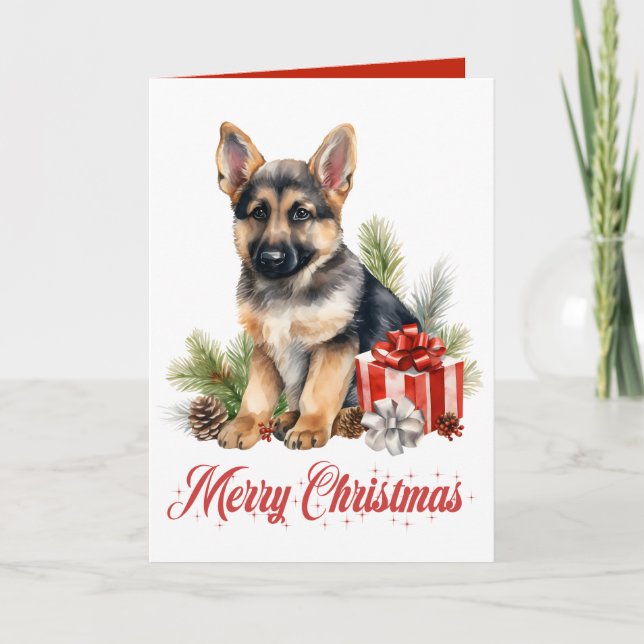 Cute German Shepherd Puppy Dog Merry Christmas Card (Front)
