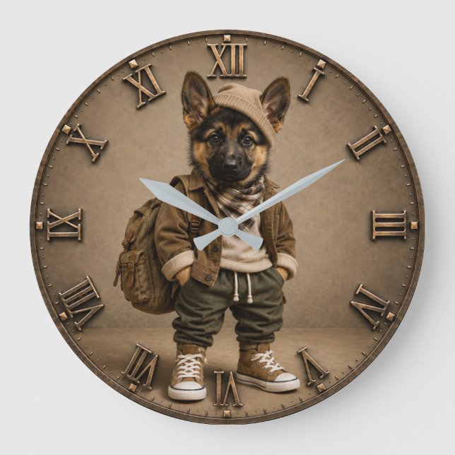 Cute German Shepherd Puppy Large Clock (Front)