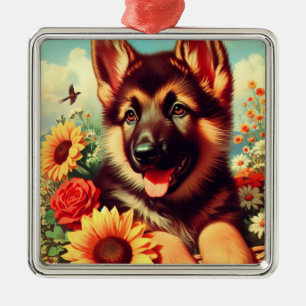 Cute German Shepherd Puppy Painting Metal Ornament