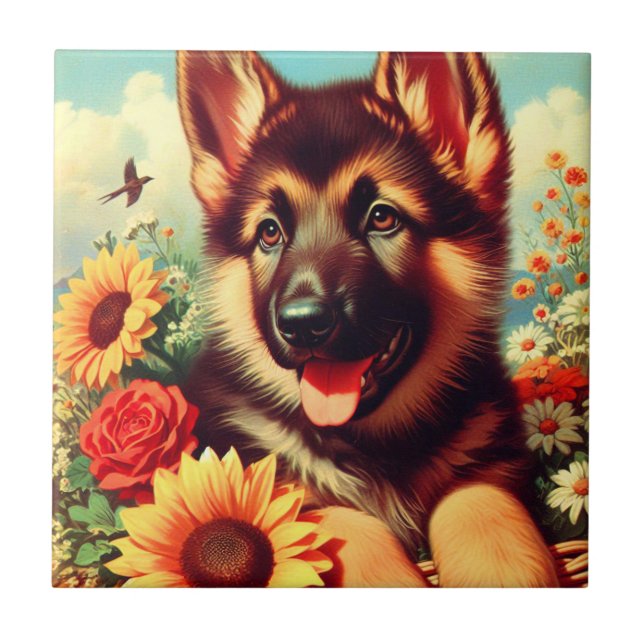 Cute German Shepherd Puppy Painting Tile (Front)